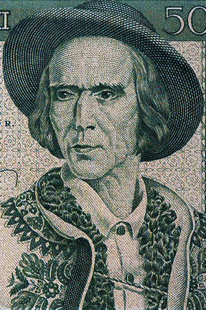 Highlander - Man from Zakopane area in national costume, a portrait from Polish moneyのeditorial素材