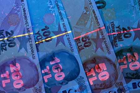 Turkish money lira in UV rays