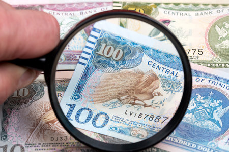 Trinidad and Tobago dollars in a magnifying glassの写真素材