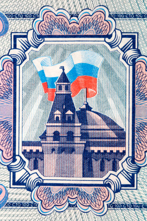 Russian flag over stylized Kremlin from moneyの写真素材