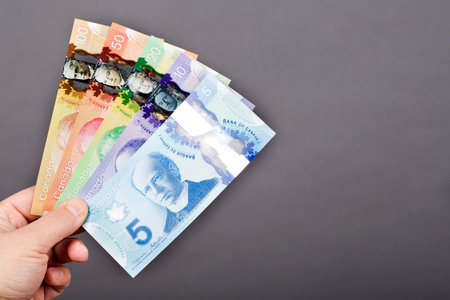 Money from Canada - Dollars in the hand on a gray backgroundの写真素材