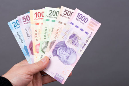 Mexican money - Pesos in the hand on a gray backgroundの写真素材