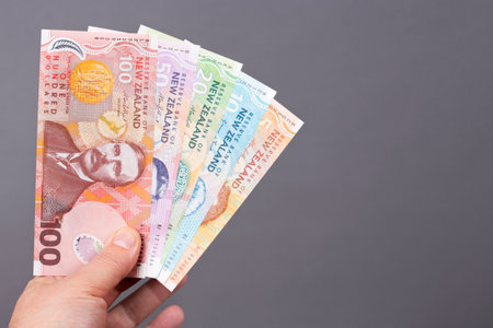 New Zealand money - dollar in the hand on a gray backgroundの写真素材