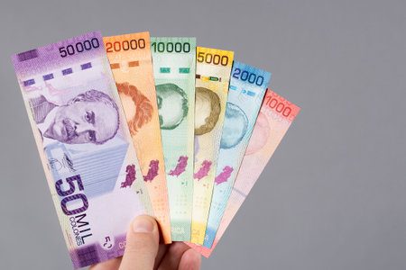 Costa Rican money - Colones in the hand on a gray background - older serieの写真素材