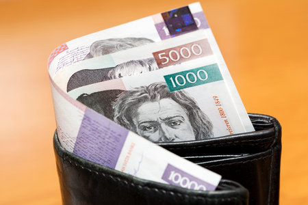 Slovenian money - tolar in the black walletの写真素材