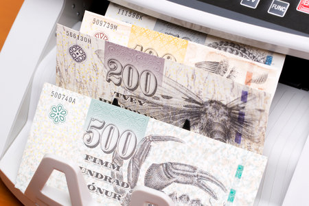 Faroese money - crown in the counting machineの写真素材
