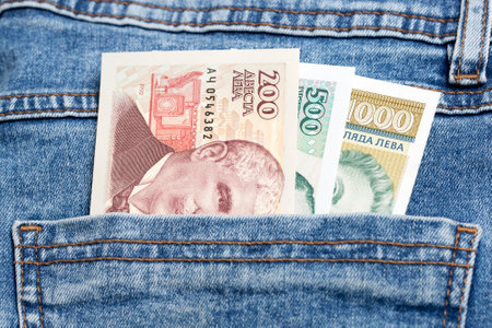 Bulgarian money - lev in the pocket of blue jeansの写真素材