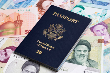 American passport on a Iranian money - Rielの写真素材