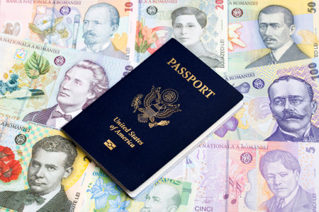 American passport on a Romanian money - leu