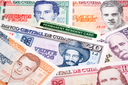American permanent resident card on Cuban money - Pesoの写真素材
