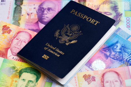 American passport on Cape Verdean money - Escudoの写真素材