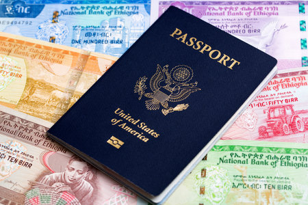 American passport on Ethiopian money - Birrの写真素材