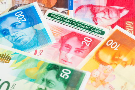 American Permanent Resident Card on Israeli money - Shekelの写真素材