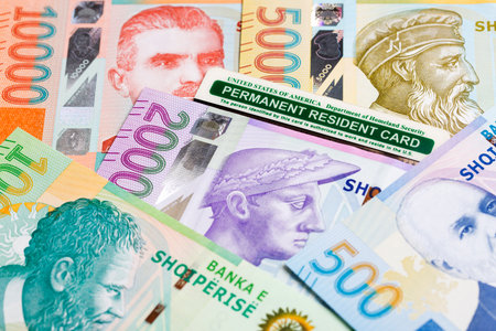 American permanent resident card on Albanian money - Lek