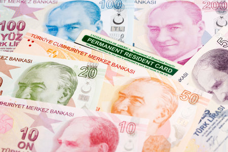 American permanent resident card on Turkish money - Liraの写真素材