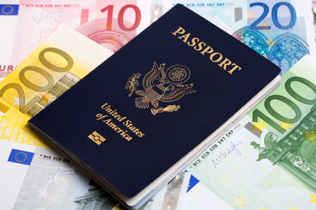 American passport on European money - Euroの写真素材