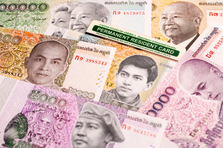 American permanent resident card on Cambodian money - rielの写真素材