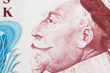 Gustav II Adolf a closeup portrait from old Swedish money - Krona