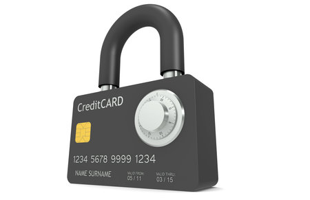 Secure online payment. Credit Card made like a Padlock, with Combination Lockの写真素材