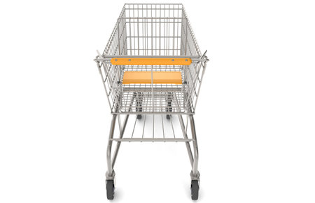 Steel Shopping Trolley with orange seat and handle. Rear view の写真素材