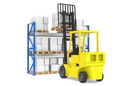  Forklift and shelves. Forklift loading Pallet Rack. Part of a Blue Warehouse and logistics serie.の写真素材