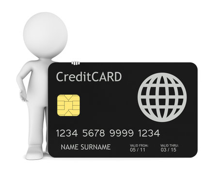 3D little human holding a Credit Card. Isolated.の写真素材