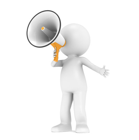 3d little human character with a white and orange megaphoneの写真素材