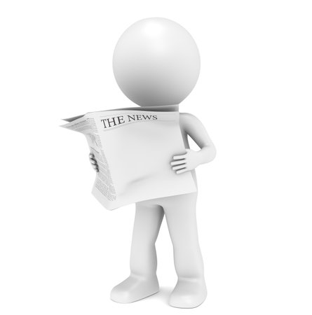 The News. 3D little human character Reading a News Paper. Blank Front Page for Copy Space.の写真素材