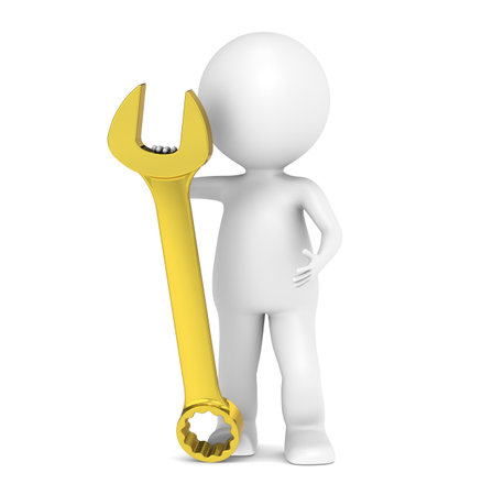 3D little human character with a Golden Wrenchの写真素材