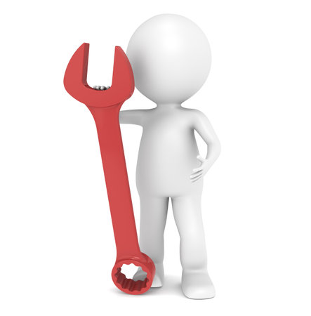 3D little human character with a Red Wrenchの写真素材