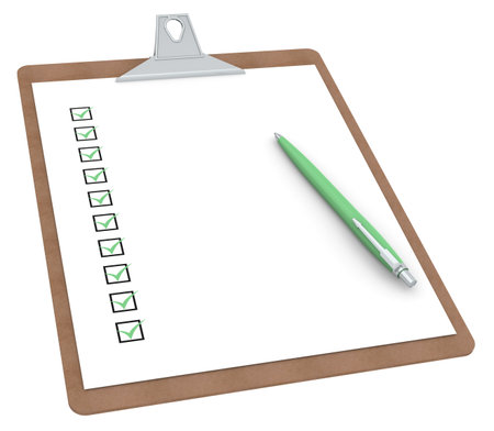 Clipboard with Checklist X 10 and Pen. Green color Side view.の写真素材