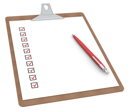 Clipboard with Checklist X 10 and Pen. Red color Side view.の写真素材