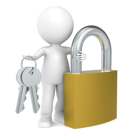 3D little human character with a padlock. People series.の写真素材