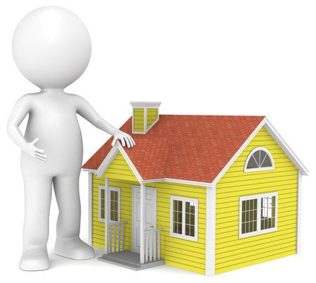 3D little human character infront of a House. People Series.の写真素材