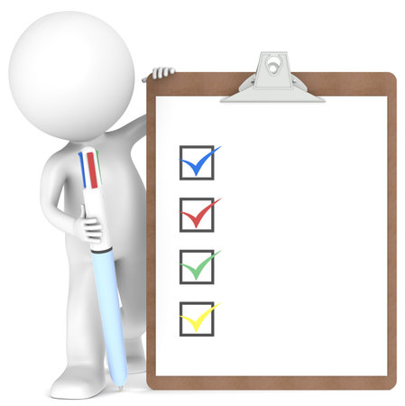 3D little human character holding a Clipboard with Checklist and a MultiColor Pen.の写真素材