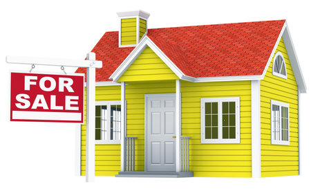 A simple house with a For Sale signの写真素材
