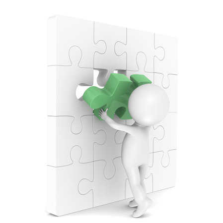 3d little human character with a Placing the last Piece of a Jigsaw Puzzle. Green.の写真素材