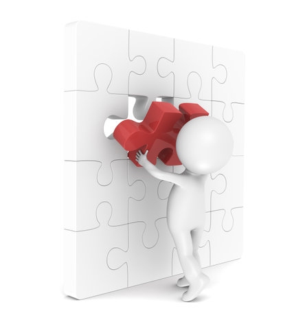 3d little human character with a Placing the last Piece of a Jigsaw Puzzle. Red.の写真素材