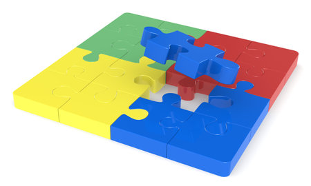 Classic jigsaw Puzzle. Last piece. Red, green, yellow and blue.の写真素材