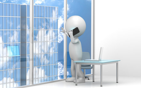 3D little human character talking on the phone while looking out from his office window. Business people series.の写真素材