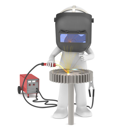 3D little human character The Welder. Welding a cogwheel. Illuminative Sparks. People series.の写真素材