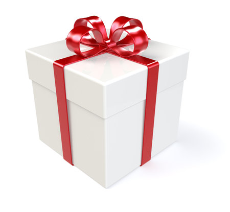 White Gift Box with Red Ribbon. Placed on white Backgroundの写真素材
