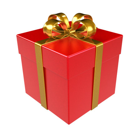 Red Gift Box. Gold ribbon, Isolated.の写真素材