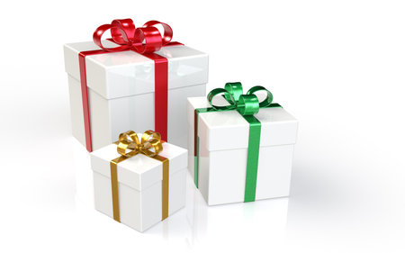 Set of 3 Gift Boxes. Red, Green and Gold Ribbonsの写真素材
