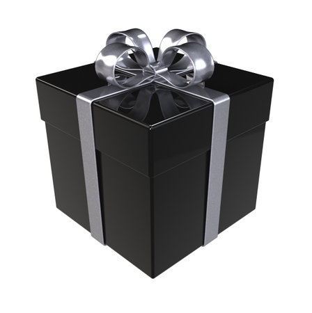 Black Gift Box. Silver ribbons, Isolated.の写真素材