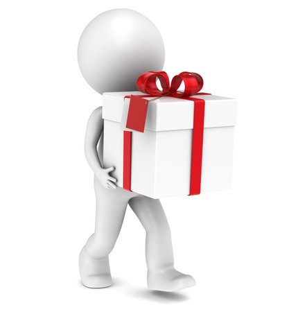 3D little human character with a Gift Box. Red Tag. People series.の写真素材