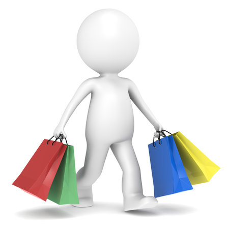 3D little human character Shopping. Shopping bags X 4 colors. People series.の写真素材