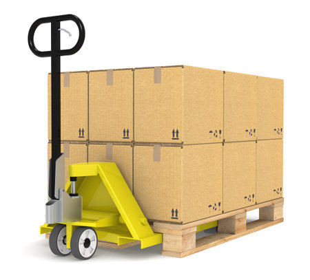 Pallet Truck/Jack and a Pallet With Cardboard Boxes. Part of Warehouse and logistics series.の写真素材