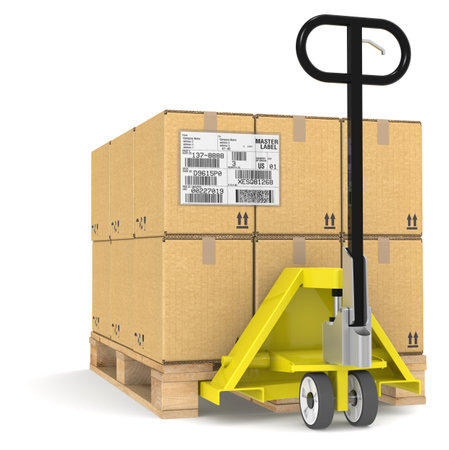 Pallet Truck/Jack and a Pallet With Cardboard Boxes. Sample EDI Labelの写真素材
