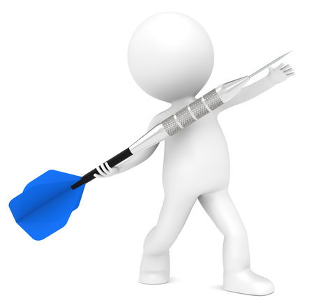 3D little human character about to throw a Blue Dart Arrow. People series.の写真素材